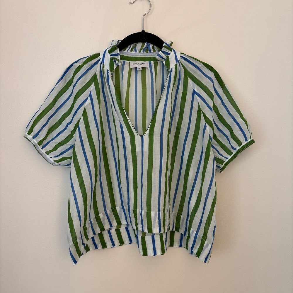 Olivia James Green, Blue & White Striped V-Neck Crop Blouse